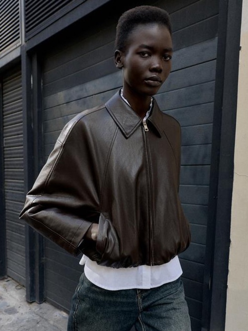 Zara Dark Brown Leather Bomber Jacket